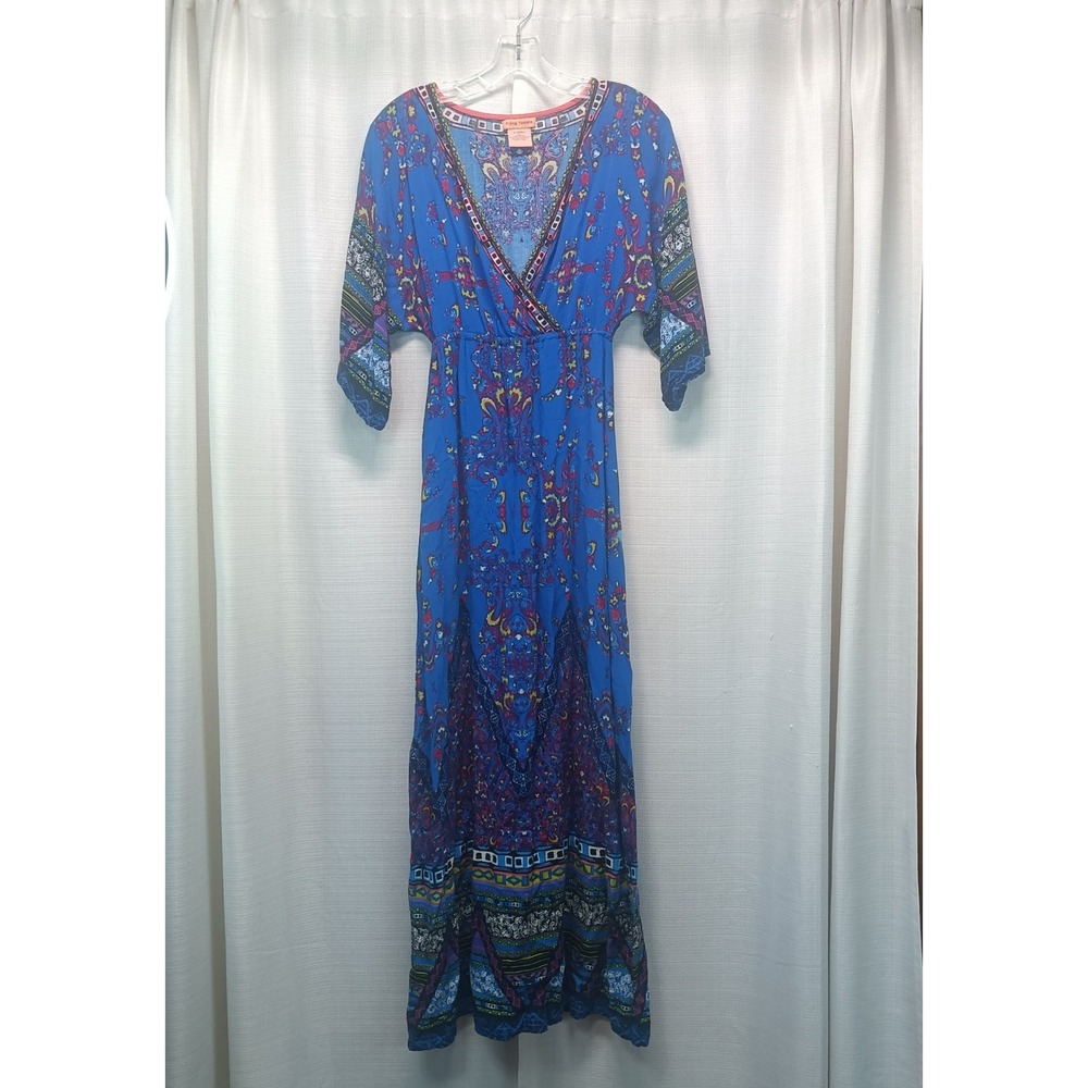 Flying Tomato Blue Boho Paisley Geometric Maxi Dress Wrap V-Neck XS Festival